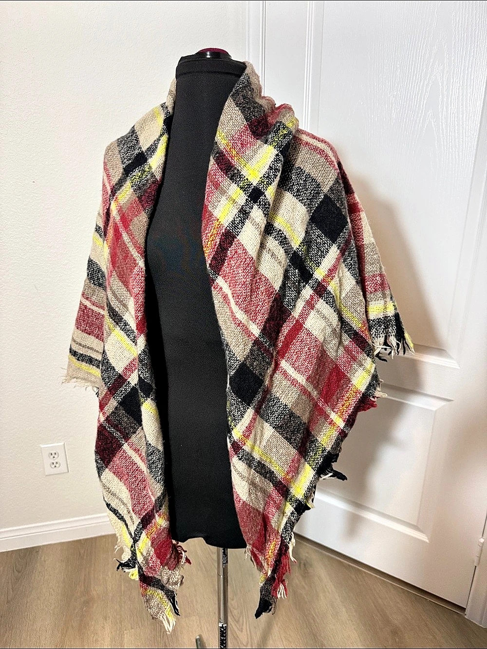 SUPER SOFT Plaid Fringe Shawl Scarf Wrap in Red Black & Yellow